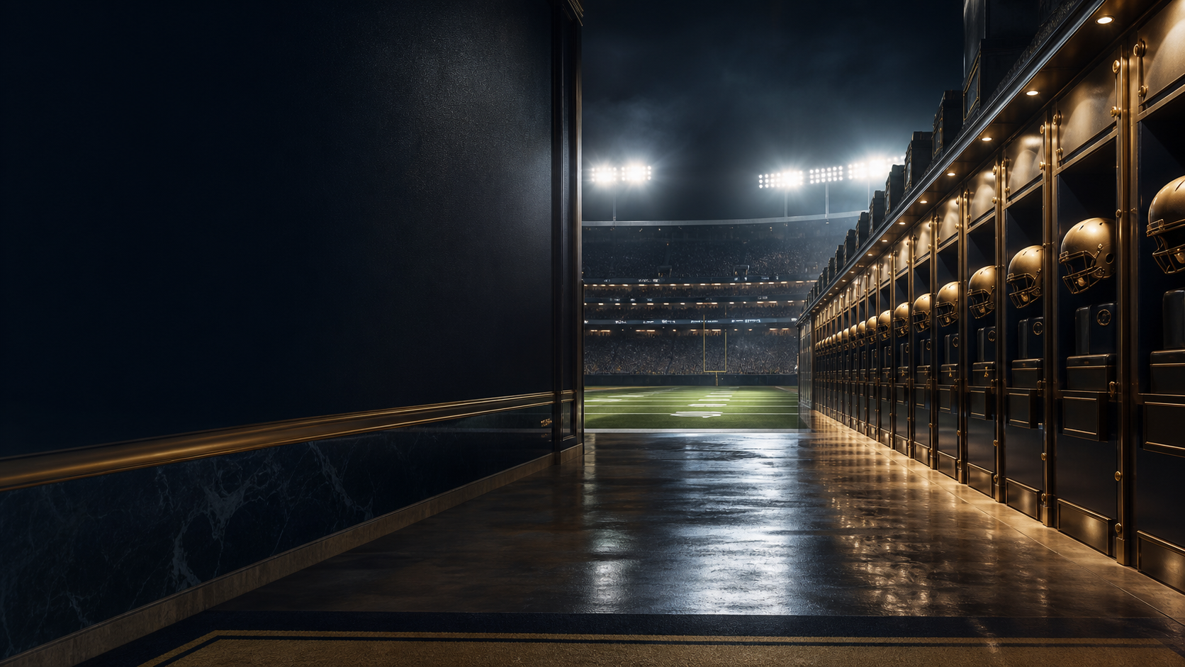 A football locker-room tunnel opening onto a floodlit field