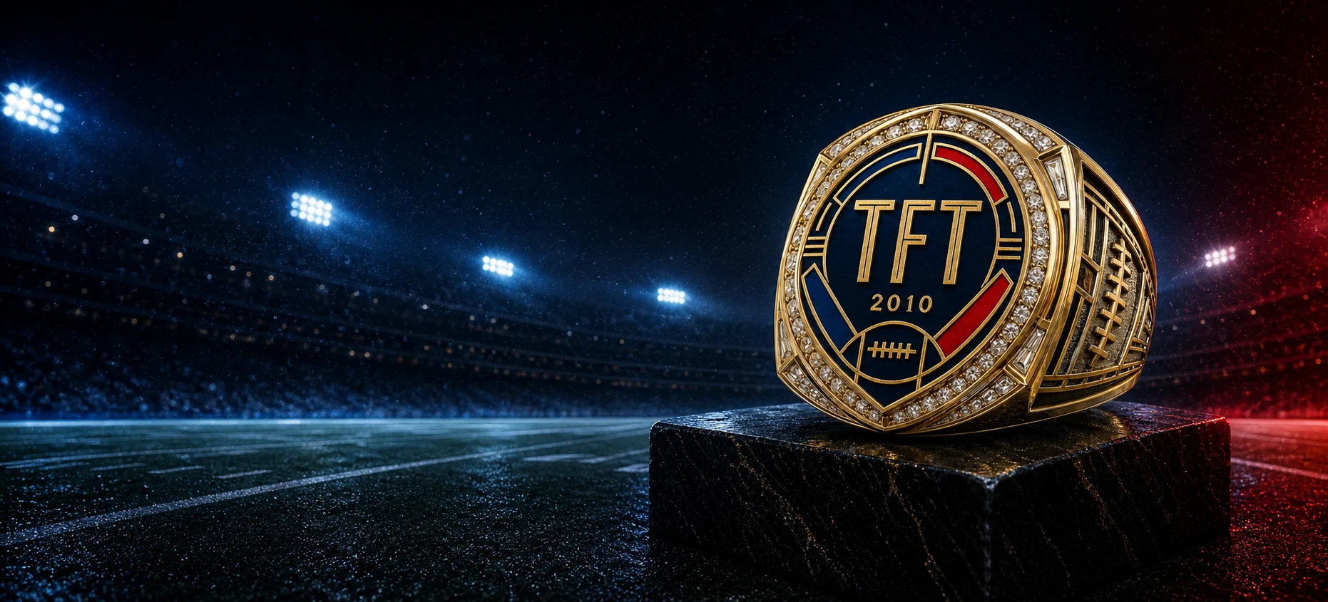 TFT Gridiron championship ring in gold, navy and red under stadium lights